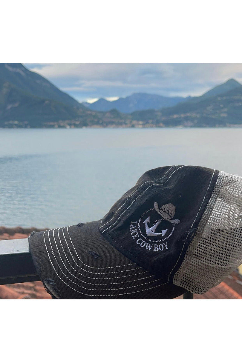 Lake Cowboy Sportsmans Trucker Hat with Mountains and Lake in Background