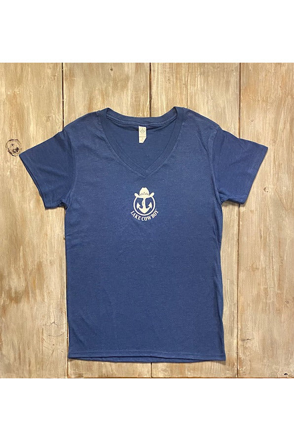 Photo of a Lake Cowboy Women's V-Neck T-Shirt (Blue) on a vintage table