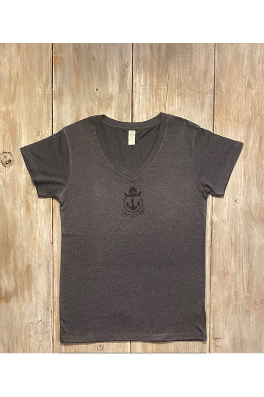 Photo of a Lake Cowboy Women's V-Neck T-Shirt (Charcoal) on a vintage table