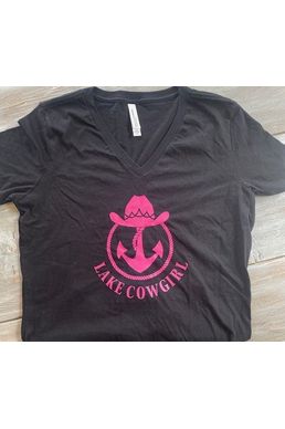 Lake Cowgirl V-Neck T-Shirt (Dark Gray w Pink Logo)