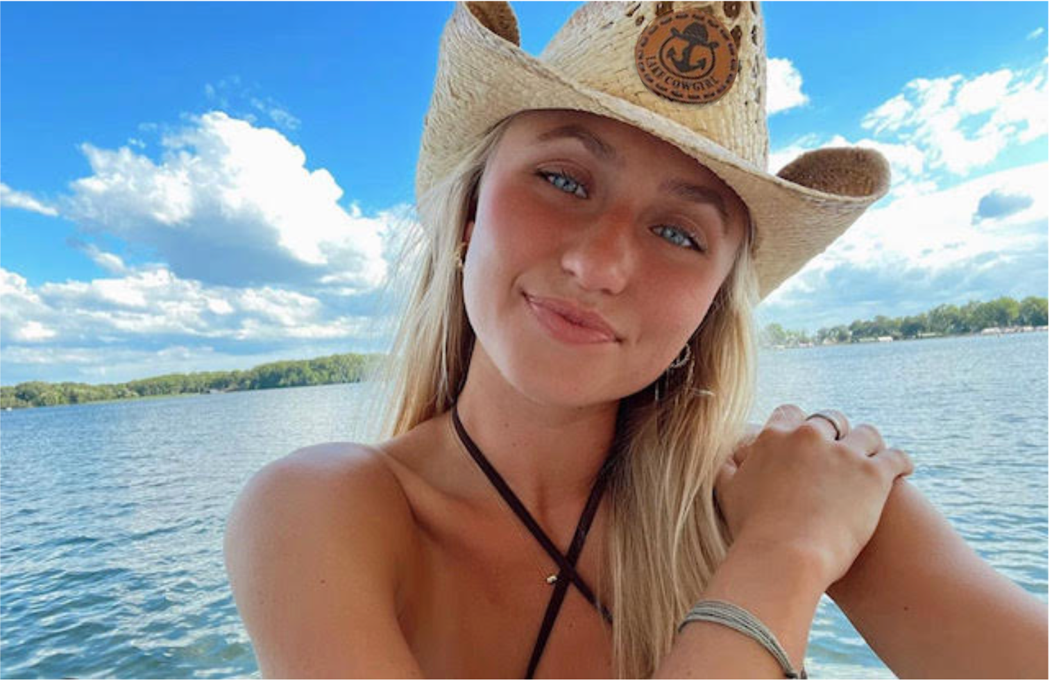 Photo of Photo of Lake Cowboy Instagram Model Chloe wearing a Lake Cowgirl Signature Cowboy Hat on Lake Minnetonka