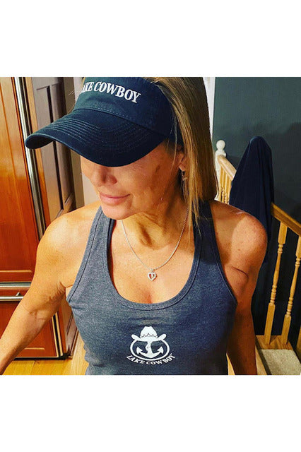 Photo of Lake Cowboy Instagram Model Michelle wearing a Lake Cowboy Visor and a Women's Racer Back Tank Top (Gray)